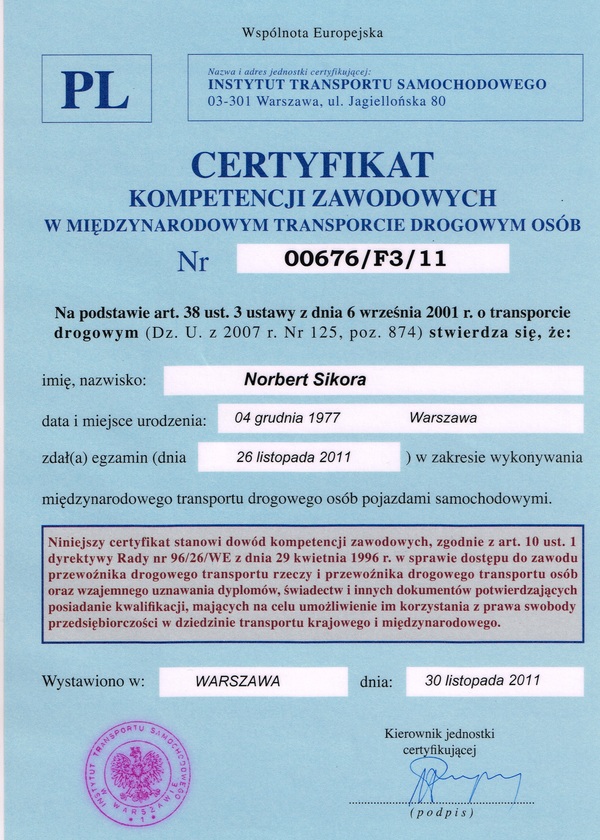 Certyfikat kompetencji zawodowych - Norbert Sikora